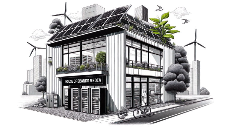 Sustainable SME Office - House of Brands Media with Renewable Energy and Eco-Friendly Practices, featuring a modern office building with solar panels, a server rack with green plant, and a bicycle for sustainable transport, all in a detailed black and white illustration. Made by for our article: Breaking the Mold: How SMEs Can Forge a Sustainable Future